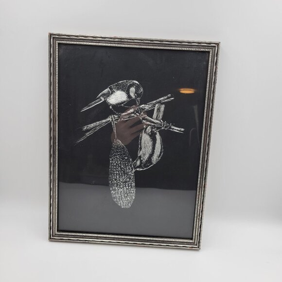 Vintage Foil Bird Birds Picture Black Silver Framed Read - Picture 3 of 8
